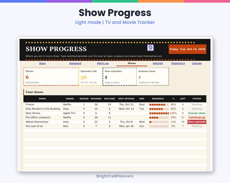 May include: A digital TV and movie tracker spreadsheet titled Show Progress. The interface displays a dashboard with metrics for shows, episodes left, new episodes, and seasons done, plus a table listing show titles, streaming services, and progress bars.