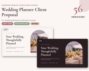 Może przedstawiać: Cyfrowy szablon propozycji dla klienta wedding plannera zawierający 56 unikalnych slajdów do programów PowerPoint, Google Slides i Keynote. Projekt obejmuje jasne i ciemne wersje z łukowatymi ramkami na zdjęcia oraz tekst Your Wedding, Thoughtfully Planned.