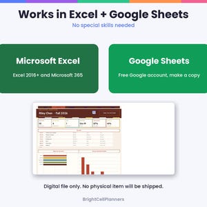 May include: A digital planner interface titled Riley Chen - Fall 2026 with data tables and charts. Text includes Works in Excel + Google Sheets, No special skills needed, Microsoft Excel, Excel 2016+ and Microsoft 365, Google Sheets, Free Google account, make a copy, and Digital file only. No physical item will be shipped. BrightCellPlanners.