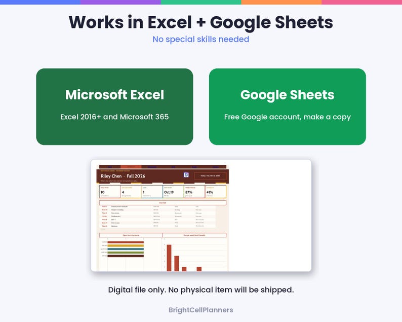 May include: A digital planner interface titled Riley Chen - Fall 2026 with data tables and charts. Text includes Works in Excel + Google Sheets, No special skills needed, Microsoft Excel, Excel 2016+ and Microsoft 365, Google Sheets, Free Google account, make a copy, and Digital file only. No physical item will be shipped. BrightCellPlanners.