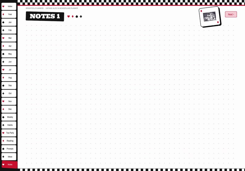 May include: A digital planner page titled NOTES 1 with a white dot grid background. The left sidebar features black and white tabs labeled Index through Notes. A black and white checkerboard border frames the top and bottom edges.