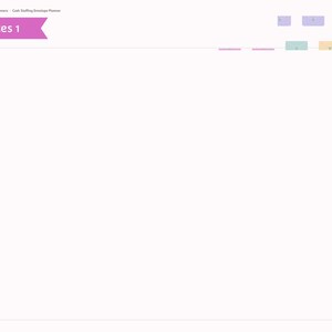 May include: A digital planner page titled Notes 1 with a large white central area for writing. The left sidebar features purple tabs labeled Index, Categories, Schedule, Ledgers, Sinking, Recap, and Notes. Pastel colored tabs appear at the top.