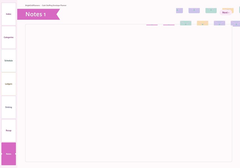 May include: A digital planner page titled Notes 1 with a large white central area for writing. The left sidebar features purple tabs labeled Index, Categories, Schedule, Ledgers, Sinking, Recap, and Notes. Pastel colored tabs appear at the top.