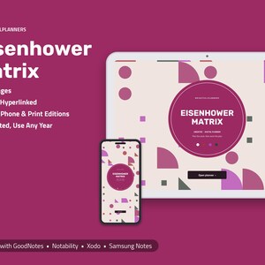 Peut inclure: Un planificateur num&eacute;rique Eisenhower Matrix affich&eacute; sur un &eacute;cran de tablette et de smartphone sur fond rose fonc&eacute;. L'interface pr&eacute;sente des formes g&eacute;om&eacute;triques, le texte Eisenhower Matrix et indique 12 pages, hyperliens et fonctionnalit&eacute;s non dat&eacute;es.