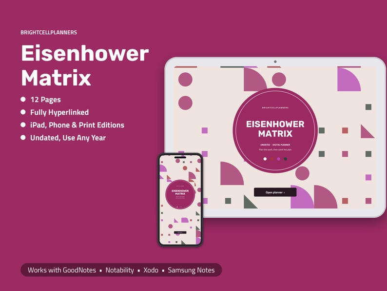 Peut inclure: Un planificateur num&eacute;rique Eisenhower Matrix affich&eacute; sur un &eacute;cran de tablette et de smartphone sur fond rose fonc&eacute;. L'interface pr&eacute;sente des formes g&eacute;om&eacute;triques, le texte Eisenhower Matrix et indique 12 pages, hyperliens et fonctionnalit&eacute;s non dat&eacute;es.
