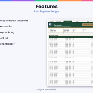 Puede incluir: Una interfaz de hoja de c&aacute;lculo para el registro de pagos de alquiler con un encabezado verde oscuro con el texto Payments, columnas para fechas, nombres de inquilinos, montos y m&eacute;todos de pago, junto a una lista de funciones.