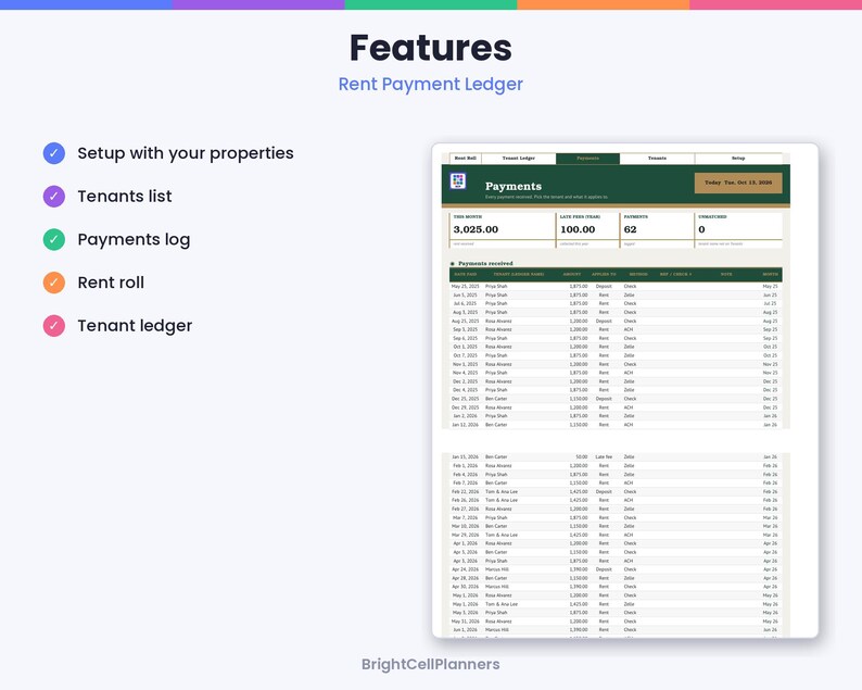 Puede incluir: Una interfaz de hoja de c&aacute;lculo para el registro de pagos de alquiler con un encabezado verde oscuro con el texto Payments, columnas para fechas, nombres de inquilinos, montos y m&eacute;todos de pago, junto a una lista de funciones.