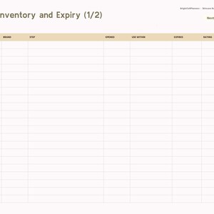 May include: A digital planner page titled Product Inventory and Expiry (1/2) with a table featuring columns for product, brand, step, opened, use within, expires, and rating. The right sidebar lists index, skin profile, routine, products, skin diary, breakouts, wishlist, and notes.
