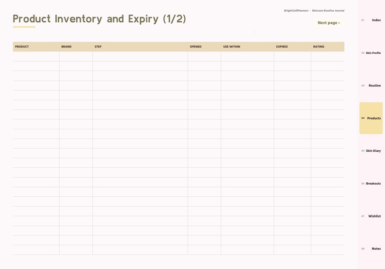 May include: A digital planner page titled Product Inventory and Expiry (1/2) with a table featuring columns for product, brand, step, opened, use within, expires, and rating. The right sidebar lists index, skin profile, routine, products, skin diary, breakouts, wishlist, and notes.