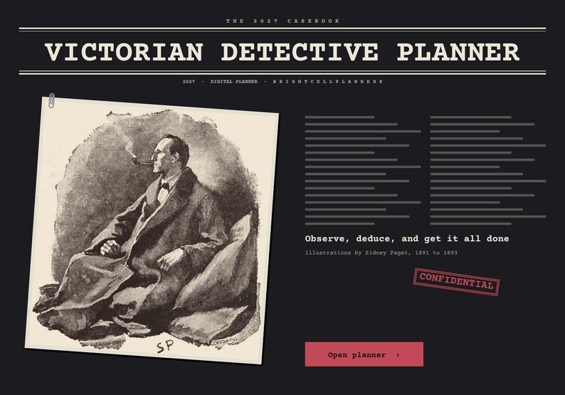 2027 Victorian Detective Digital Planner, Sidney Paget 1890s Mystery Illustrations, Hyperlinked Planner, Mystery Reader Gift image 2