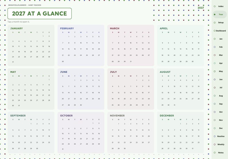 May include: A 2027 digital planner page titled 2027 AT A GLANCE, featuring twelve monthly calendars arranged in a grid. The layout includes a sidebar with navigation tabs for Index, Year, Setup, Dashboard, months, Routine, Weekly, and Notes.