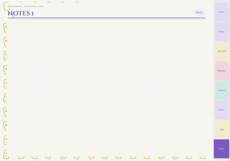 May include: A digital journal page with a dot grid background, featuring the text NOTES 1 at the top. The right side displays a vertical navigation menu with tabs labeled Index, Decks, Daily Pull, Spreads, Library, Moon, Log, and Notes.