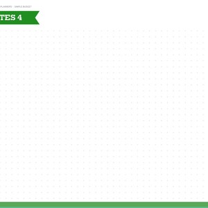 Puede incluir: Una p&aacute;gina de planificador digital titulada NOTES 4 con un fondo de cuadr&iacute;cula de puntos blancos. El dise&ntilde;o presenta una pancarta verde en el encabezado, una barra lateral con meses y acentos morados. Texto: BRIGHTCELLPLANNERS SIMPLE BUDGET.