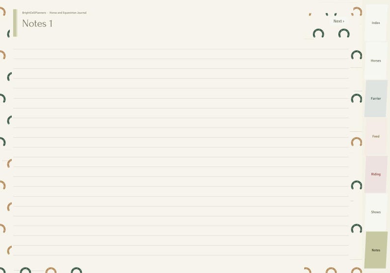 May include: A digital planner page titled Notes 1 with horizontal lines for writing. The right side features a vertical tab menu with labels including Index, Horses, Farrier, Feed, Riding, Shows, and Notes. The design includes horseshoe icons.