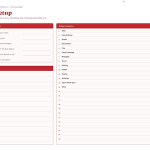 Peut inclure: Une page de planificateur de budget de No&euml;l num&eacute;rique intitul&eacute;e Setup pour l'ann&eacute;e 2027. La mise en page comprend une barre lat&eacute;rale avec des onglets de navigation, une section pour les bases, un bloc-notes et une liste num&eacute;rot&eacute;e.