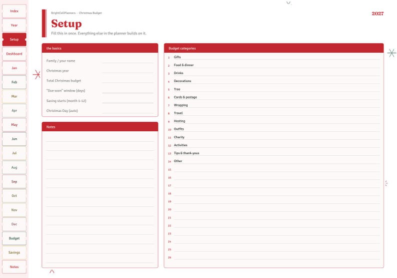 Peut inclure: Une page de planificateur de budget de No&euml;l num&eacute;rique intitul&eacute;e Setup pour l'ann&eacute;e 2027. La mise en page comprend une barre lat&eacute;rale avec des onglets de navigation, une section pour les bases, un bloc-notes et une liste num&eacute;rot&eacute;e.
