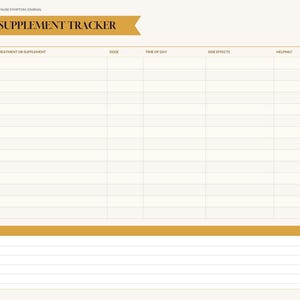 May include: A digital planner page titled HRT AND SUPPLEMENT TRACKER with a gold header. The layout includes a table with columns for start date, treatment, dose, time, side effects, and notes, plus a side tab menu labeled Index, Profile, Hot Flashes, Sleep and Mood, HRT, Cycle, Doctor, and Notes.