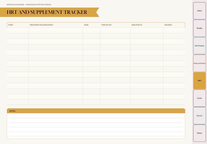 May include: A digital planner page titled HRT AND SUPPLEMENT TRACKER with a gold header. The layout includes a table with columns for start date, treatment, dose, time, side effects, and notes, plus a side tab menu labeled Index, Profile, Hot Flashes, Sleep and Mood, HRT, Cycle, Doctor, and Notes.