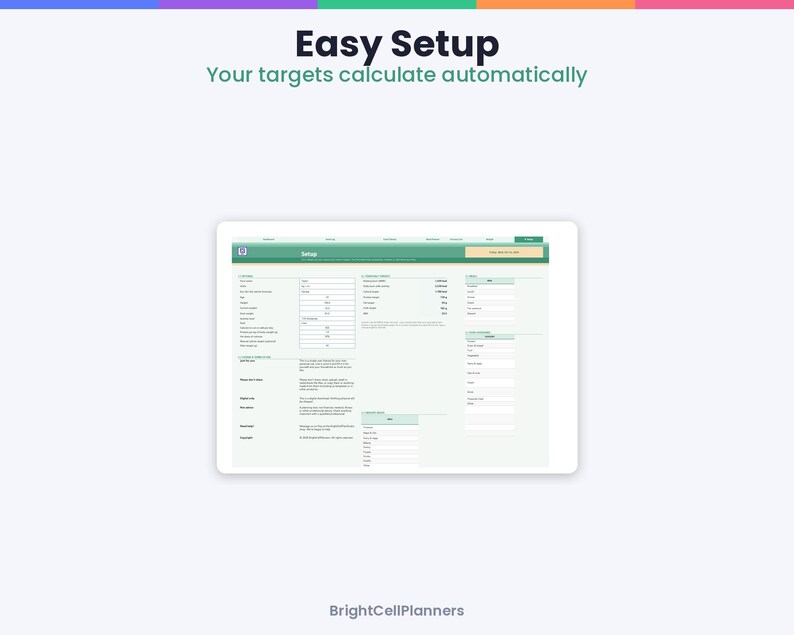 May include: A digital tablet screen displays a software interface titled Easy Setup with the subtitle Your targets calculate automatically. The light green dashboard features various input fields, tables, and columns for data entry.