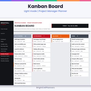 Puede incluir: Un tablero Kanban digital de gesti&oacute;n de proyectos en modo claro de BrightCell Planners. La interfaz presenta una barra lateral negra, un &aacute;rea principal blanca con columnas para tareas y diversos textos.