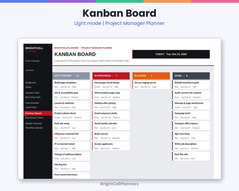 Puede incluir: Un tablero Kanban digital de gesti&oacute;n de proyectos en modo claro de BrightCell Planners. La interfaz presenta una barra lateral negra, un &aacute;rea principal blanca con columnas para tareas y diversos textos.