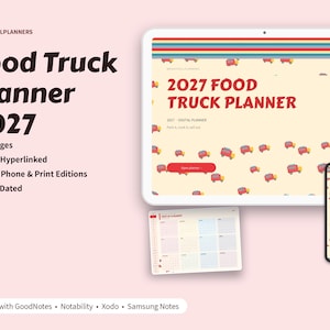 May include: A digital 2027 Food Truck Planner displayed on a tablet and smartphone screen, featuring a cream background with small red food truck illustrations, a rainbow stripe header, and a separate monthly calendar page view.