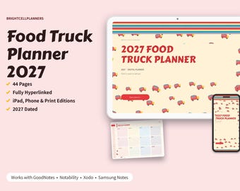 Planer food trucków 2027, cyfrowy kalendarz rezerwacji wydarzeń, kalkulacja kosztów menu, dziennik sprzedaży, lista przygotowań, śledzenie zezwoleń