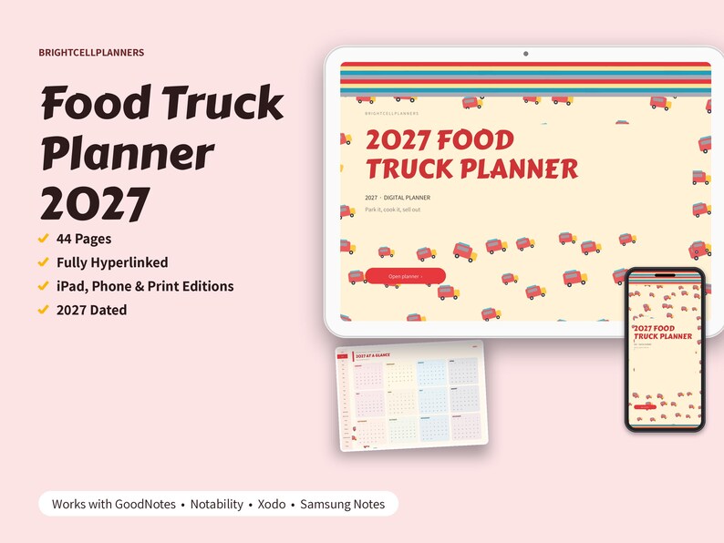May include: A digital 2027 Food Truck Planner displayed on a tablet and smartphone screen, featuring a cream background with small red food truck illustrations, a rainbow stripe header, and a separate monthly calendar page view.