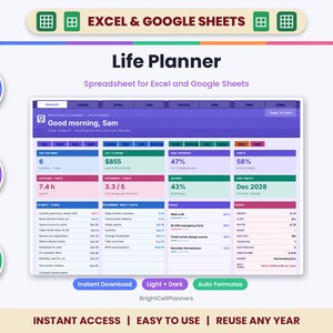 Life Planner Spreadsheet for Excel & Google Sheets - Budget, Habit Tracker and Meal Planner image 1