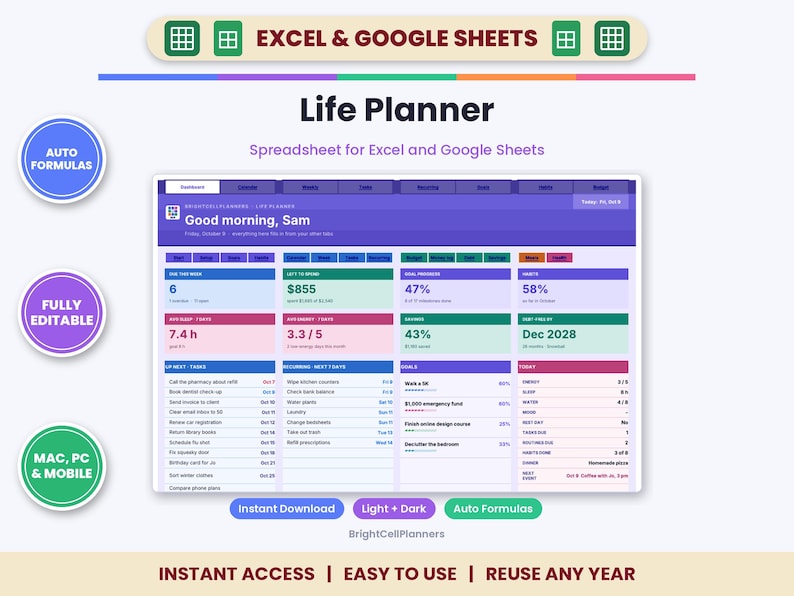 Life Planner Spreadsheet for Excel & Google Sheets - Budget, Habit Tracker and Meal Planner image 1
