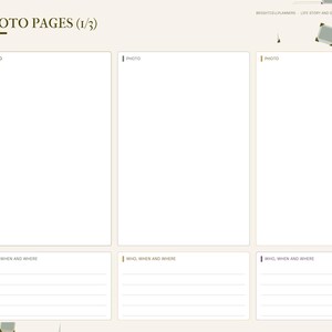 May include: A digital planner page titled PHOTO PAGES (1/3) from the Life Story and Grandparent Memory Journal. It features three large blank rectangular photo frames, each with a corresponding lined section labeled WHO, WHEN AND WHERE.