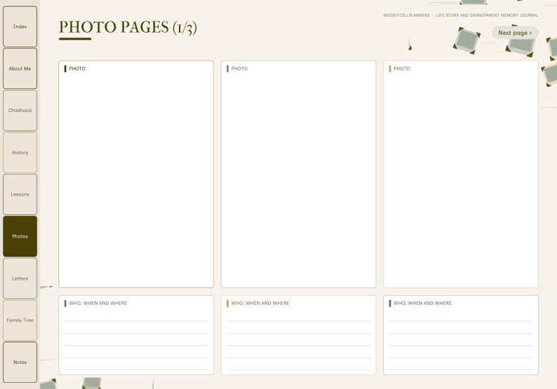 May include: A digital planner page titled PHOTO PAGES (1/3) from the Life Story and Grandparent Memory Journal. It features three large blank rectangular photo frames, each with a corresponding lined section labeled WHO, WHEN AND WHERE.