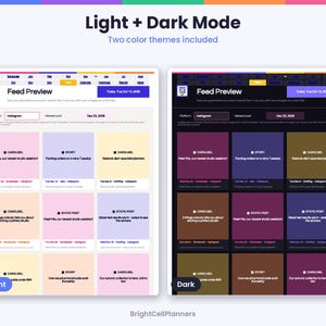 May include: A digital feed preview planner interface featuring light and dark mode color themes. The layout displays a grid of post previews with text labels for carousel and static posts, including dates and platform details for Instagram.