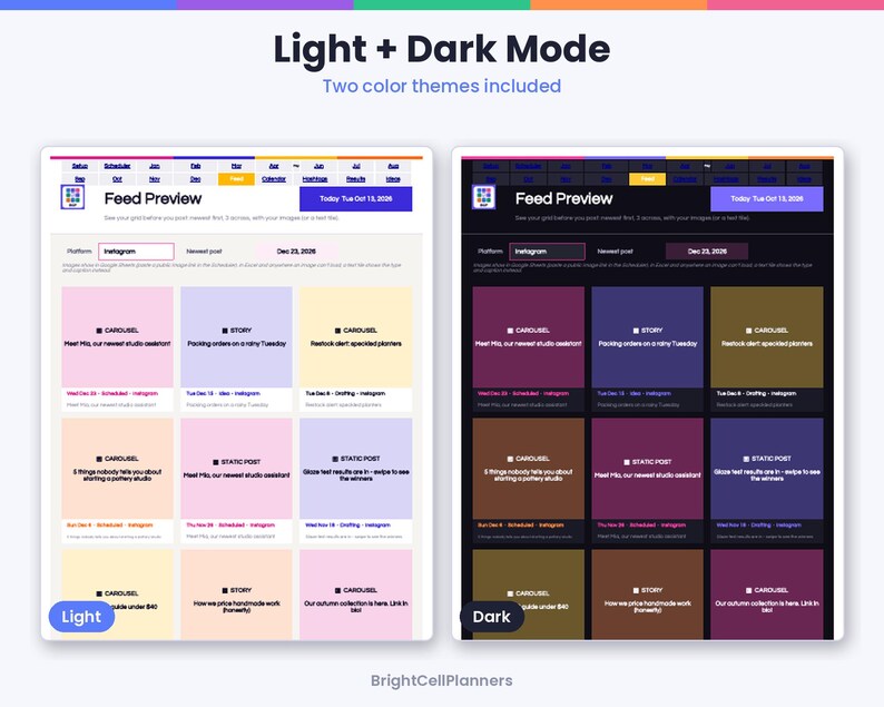May include: A digital feed preview planner interface featuring light and dark mode color themes. The layout displays a grid of post previews with text labels for carousel and static posts, including dates and platform details for Instagram.