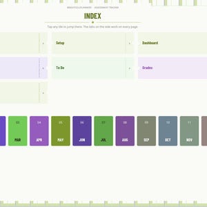 May include: A digital planner index page titled "INDEX" with sections for "Year at a glance," "Setup," "Dashboard," "Assignments," "To Do," and "Grades." Below are twelve rectangular tiles labeled "JAN" through "DEC" for 2027.