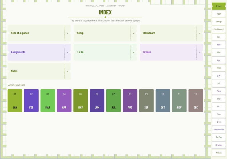 May include: A digital planner index page titled "INDEX" with sections for "Year at a glance," "Setup," "Dashboard," "Assignments," "To Do," and "Grades." Below are twelve rectangular tiles labeled "JAN" through "DEC" for 2027.