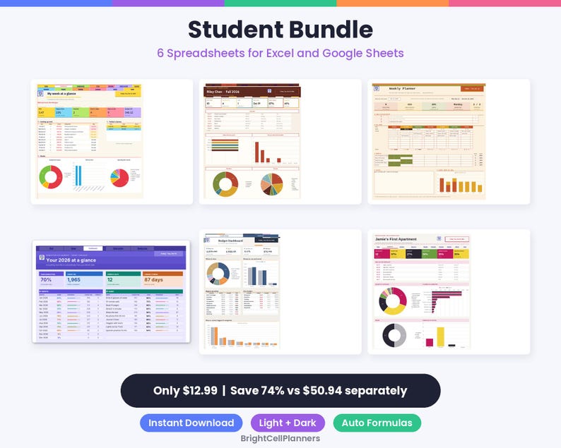 May include: A digital student bundle featuring six spreadsheets for Excel and Google Sheets. The display includes various dashboards with colorful charts, graphs, and data tables. Text includes Student Bundle, 6 Spreadsheets for Excel and Google Sheets, and BrightCellPlanners.