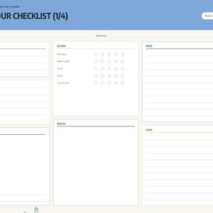 Puede incluir: Una p&aacute;gina de planificador digital de lista de verificaci&oacute;n de visitas a casas con un encabezado azul etiquetado HOUSE TOUR CHECKLIST (1/4). El dise&ntilde;o incluye secciones para direcci&oacute;n, precio, calificaci&oacute;n, pros, contras y una lista de verificaci&oacute;n.
