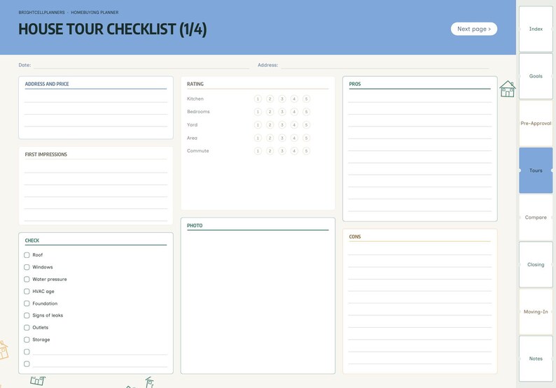 Puede incluir: Una p&aacute;gina de planificador digital de lista de verificaci&oacute;n de visitas a casas con un encabezado azul etiquetado HOUSE TOUR CHECKLIST (1/4). El dise&ntilde;o incluye secciones para direcci&oacute;n, precio, calificaci&oacute;n, pros, contras y una lista de verificaci&oacute;n.