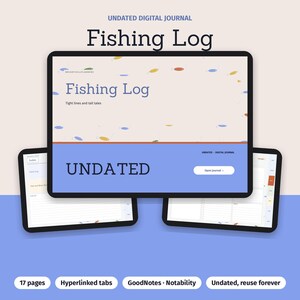 K&ouml;nnte beinhalten: Ein undatiertes digitales Angel-Tagebuch, das auf drei Tablet-Bildschirmen angezeigt wird. Der Hauptbildschirm zeigt den Text Fishing Log, Tight lines and tall tales und Undated. Der Hintergrund ist hellbeige mit kleinen bunten Fischsymbolen.