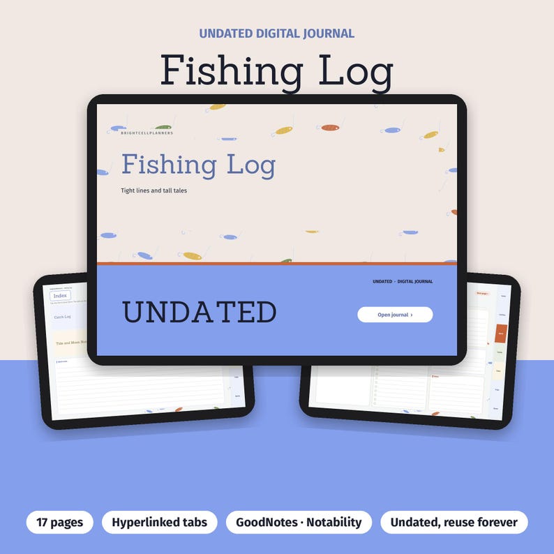 K&ouml;nnte beinhalten: Ein undatiertes digitales Angel-Tagebuch, das auf drei Tablet-Bildschirmen angezeigt wird. Der Hauptbildschirm zeigt den Text Fishing Log, Tight lines and tall tales und Undated. Der Hintergrund ist hellbeige mit kleinen bunten Fischsymbolen.