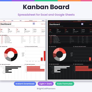 以下が含まれることがあります： ExcelおよびGoogleスプレッドシート用のデジタルかんばんボード。ライトモードとダークモードのダッシュボードが表示されています。インターフェースには、プロジェクトの指標、期限、ドーナツグラフ、棒グラフが赤、黒、グレーの配色で示されています。