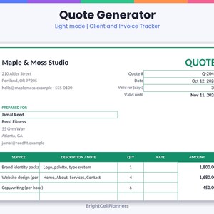 May include: A digital quote generator template titled Quote Generator Light mode | Client and Invoice Tracker. The document displays Maple & Moss Studio contact details, quote number Q-2041, date Oct 12, 2026, and a table listing services including brand identity, website design, and copywriting.