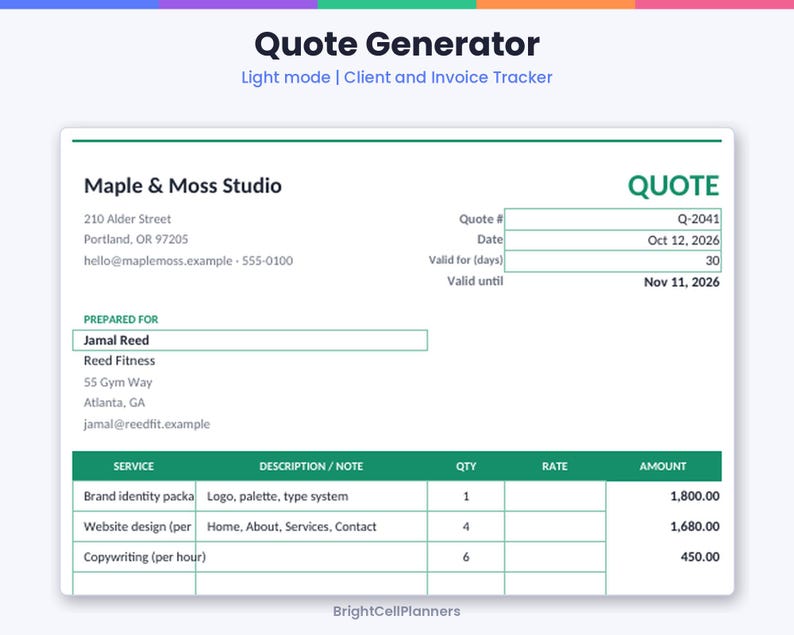 May include: A digital quote generator template titled Quote Generator Light mode | Client and Invoice Tracker. The document displays Maple & Moss Studio contact details, quote number Q-2041, date Oct 12, 2026, and a table listing services including brand identity, website design, and copywriting.