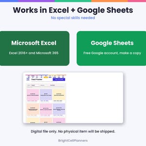 Może przedstawiać: Grafika cyfrowego narzędzia do planowania z tekstem Works in Excel + Google Sheets, No special skills needed, Microsoft Excel 2016+ and Microsoft 365, Google Sheets Free Google account, make a copy, Feed Preview oraz BrightCellPlanners.