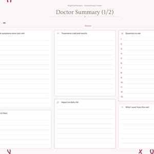 May include: A digital planner page titled Doctor Summary (1/2) with sections for visit date, doctor, symptoms, treatments, questions, impact on daily life, and worst days. The background features a light pink pattern of awareness ribbons.