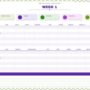 May include: A digital workout planner page titled WEEK 1 with a purple and green chevron border. It features sections for workouts done, volume, sets, cardio, and top lift, plus two tables for daily tracking and a notes section at the bottom.
