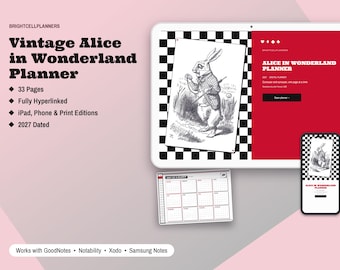 2027 Alice in Wonderland Digital Planner, 5 Color Themes, Vintage Tenniel Art, Hyperlinked Planner, Gift for Book Lovers