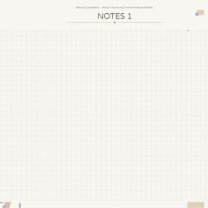 May include: A digital planner page titled NOTES 1 with a grid background. The left side features a vertical navigation bar with tabs labeled Index, Goals, Prep, Session, Homework, CBT, Toolbox, Progress, and Notes. The top displays the text BRIGHTCELLPLANNERS MENTAL HEALTH AND THERAPY SESSION JOURNAL.