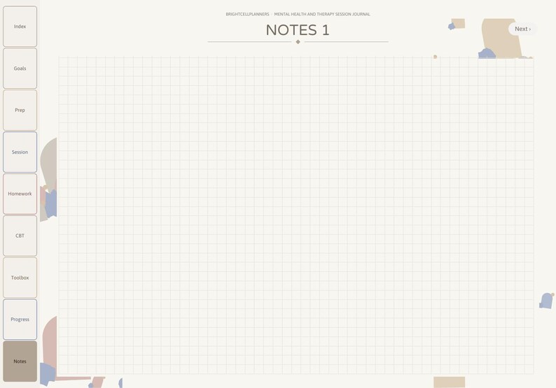 May include: A digital planner page titled NOTES 1 with a grid background. The left side features a vertical navigation bar with tabs labeled Index, Goals, Prep, Session, Homework, CBT, Toolbox, Progress, and Notes. The top displays the text BRIGHTCELLPLANNERS MENTAL HEALTH AND THERAPY SESSION JOURNAL.